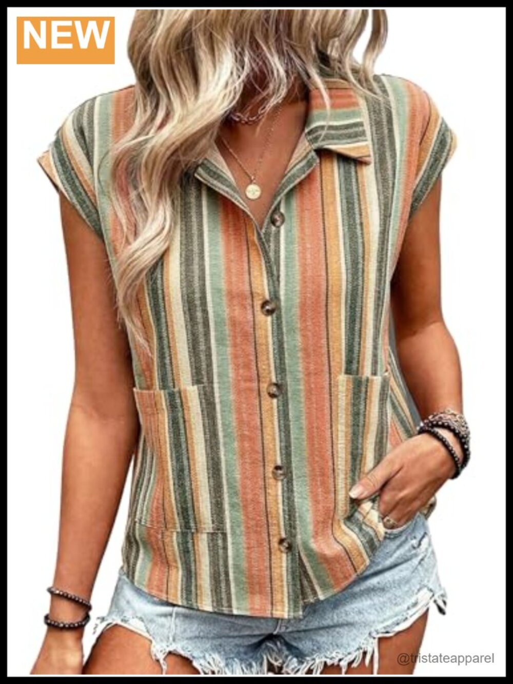 Sleeveless V-Neck Striped Blouse with Pockets